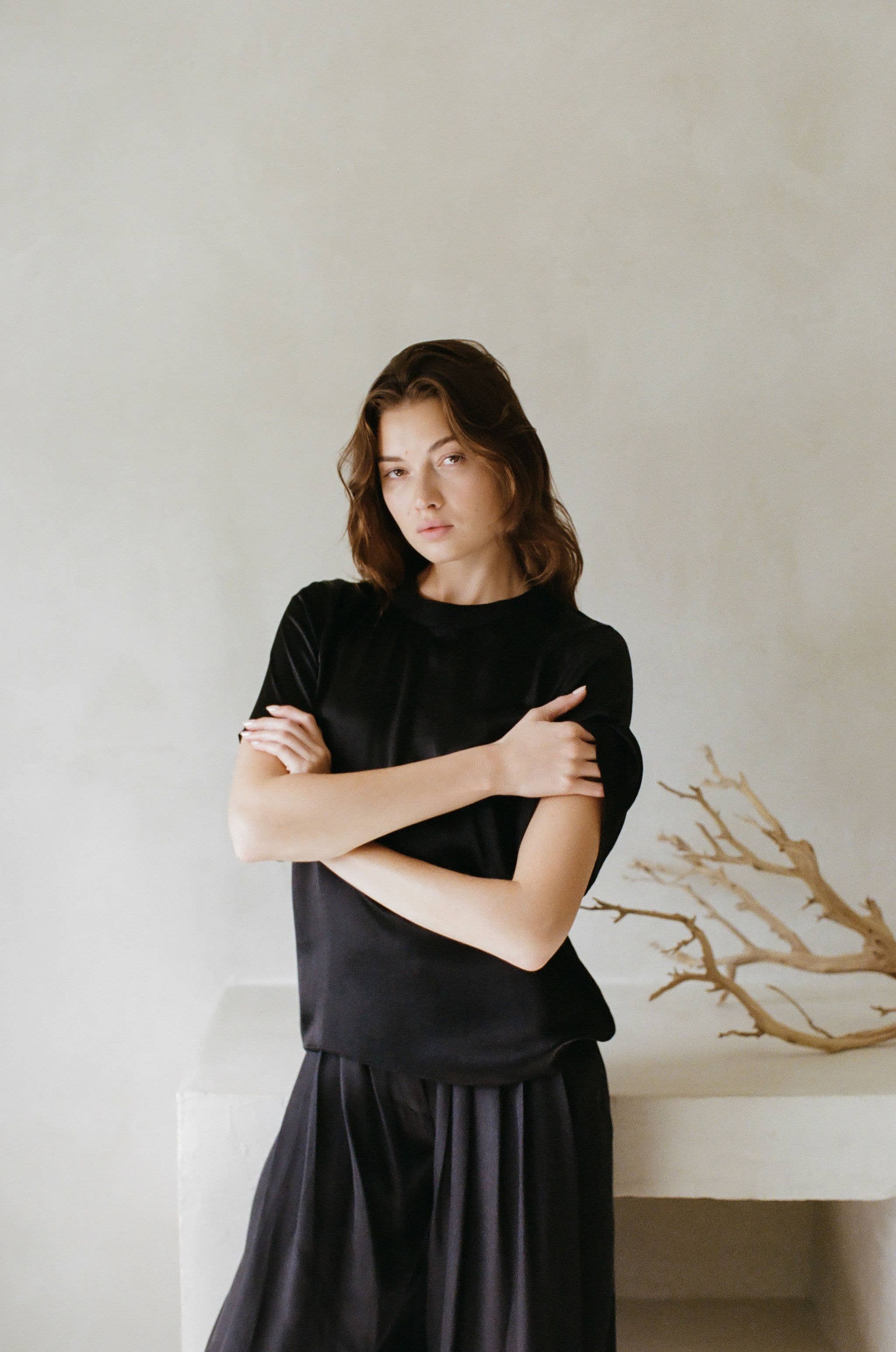 Woven 100% Silk Round Neck Short Sleeve Top