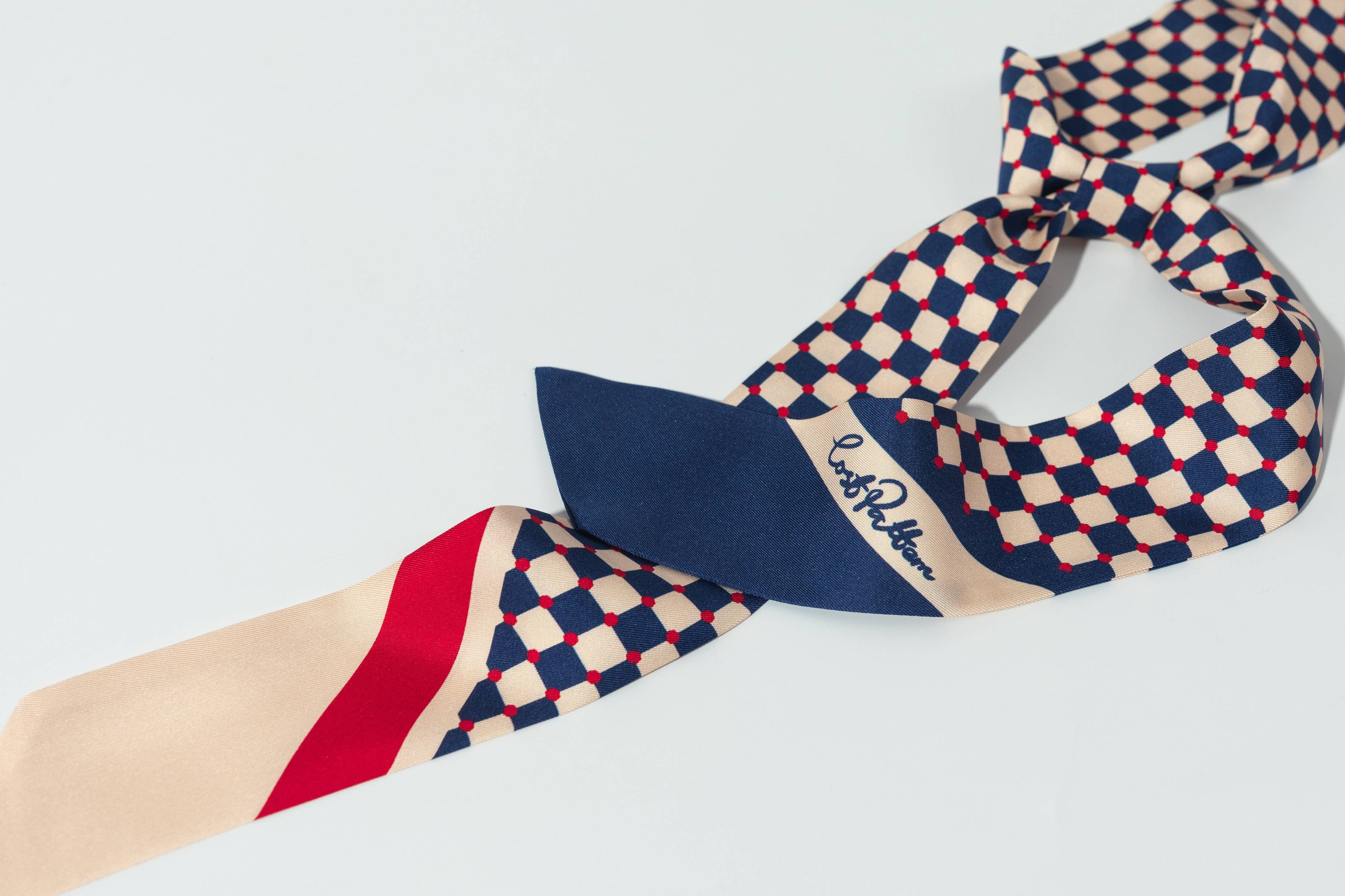 “Checkerboard” Silk Skinny Scarf - Blue