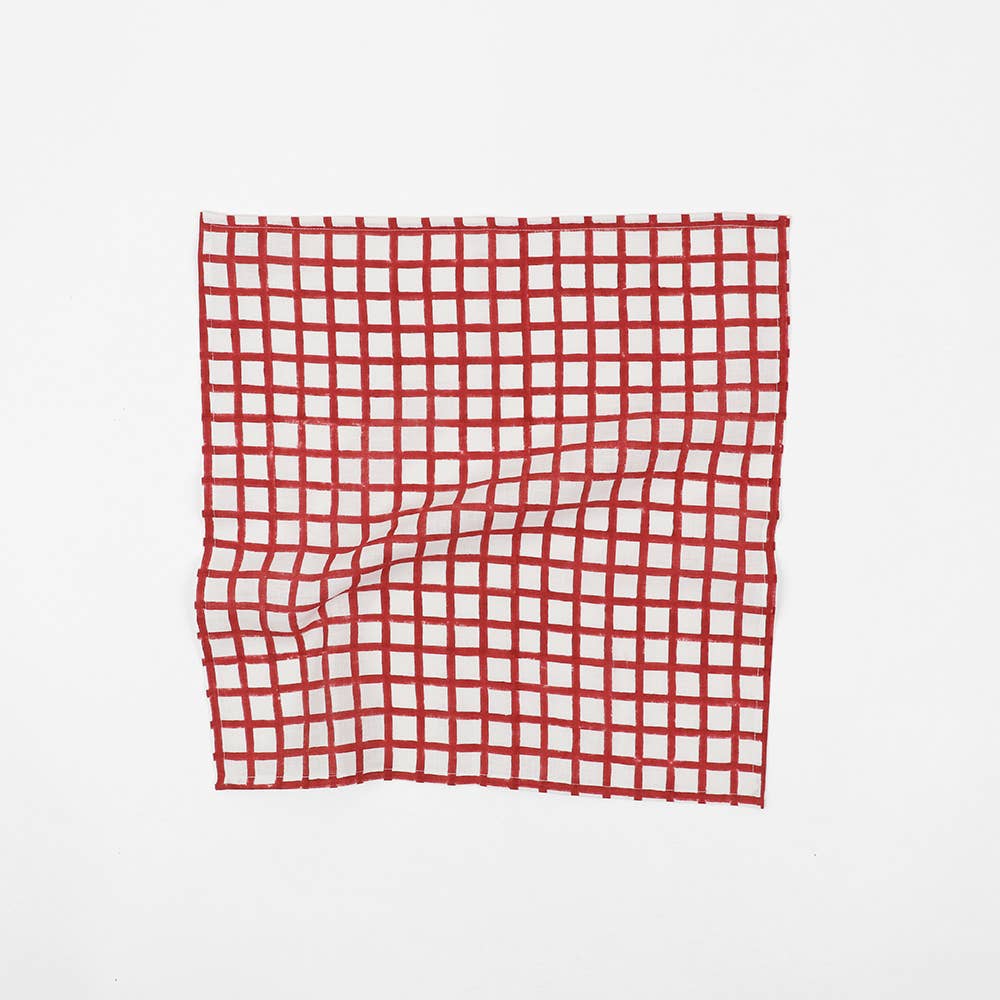Hand Block Linen Napkin Set Graph Checks - Red