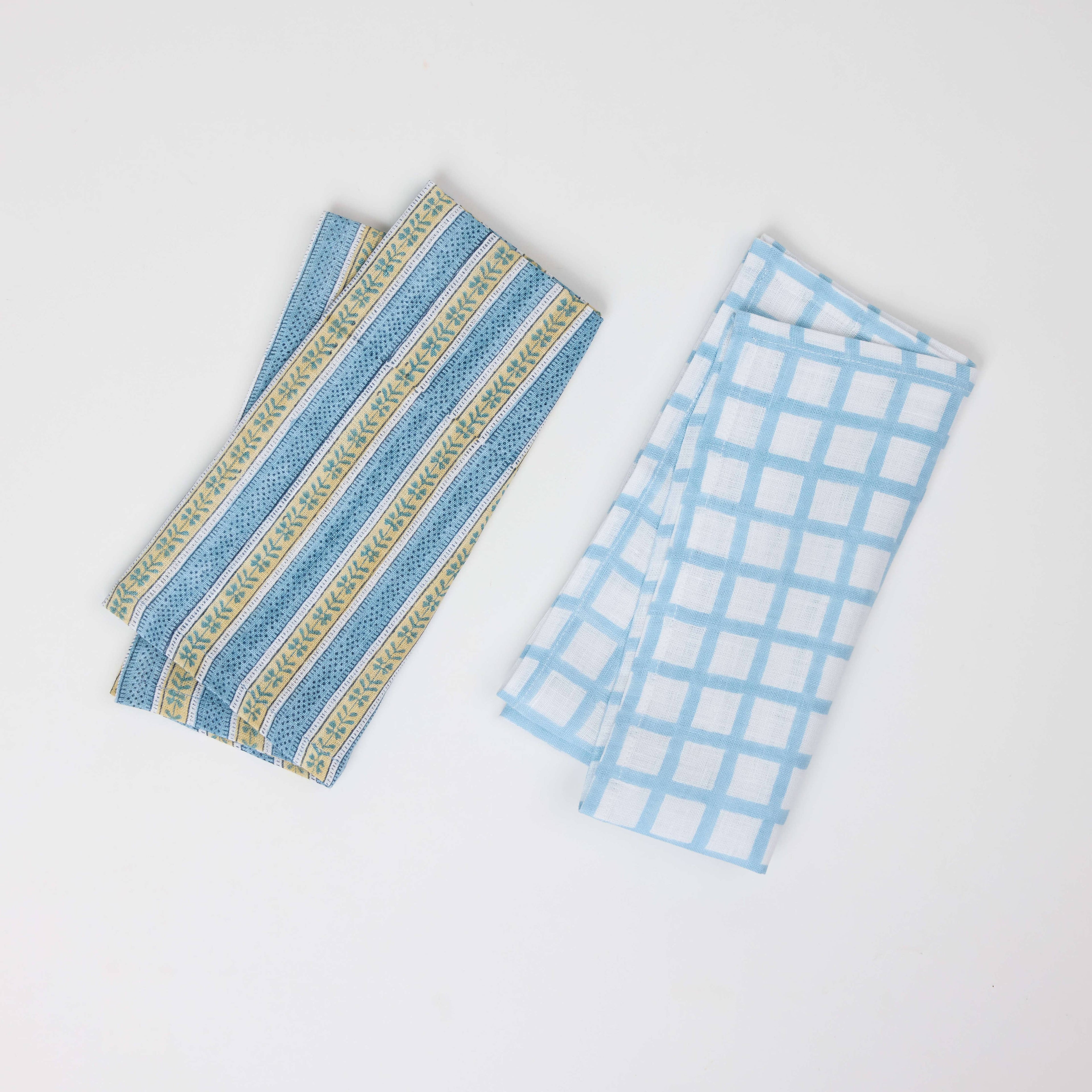 Hand Block Linen Napkin Set Graph Checks - Blue