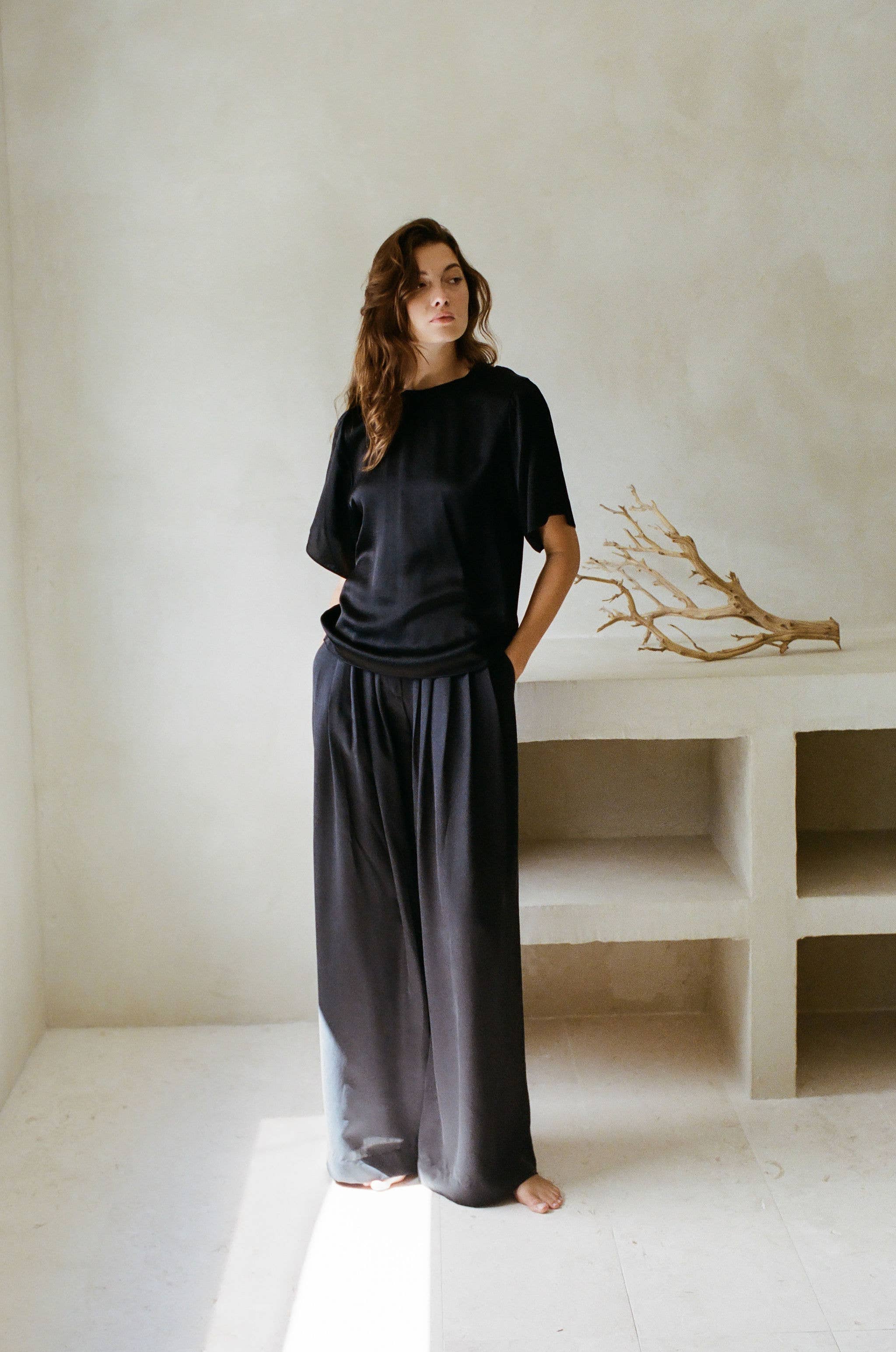 Woven 100% Silk Round Neck Short Sleeve Top
