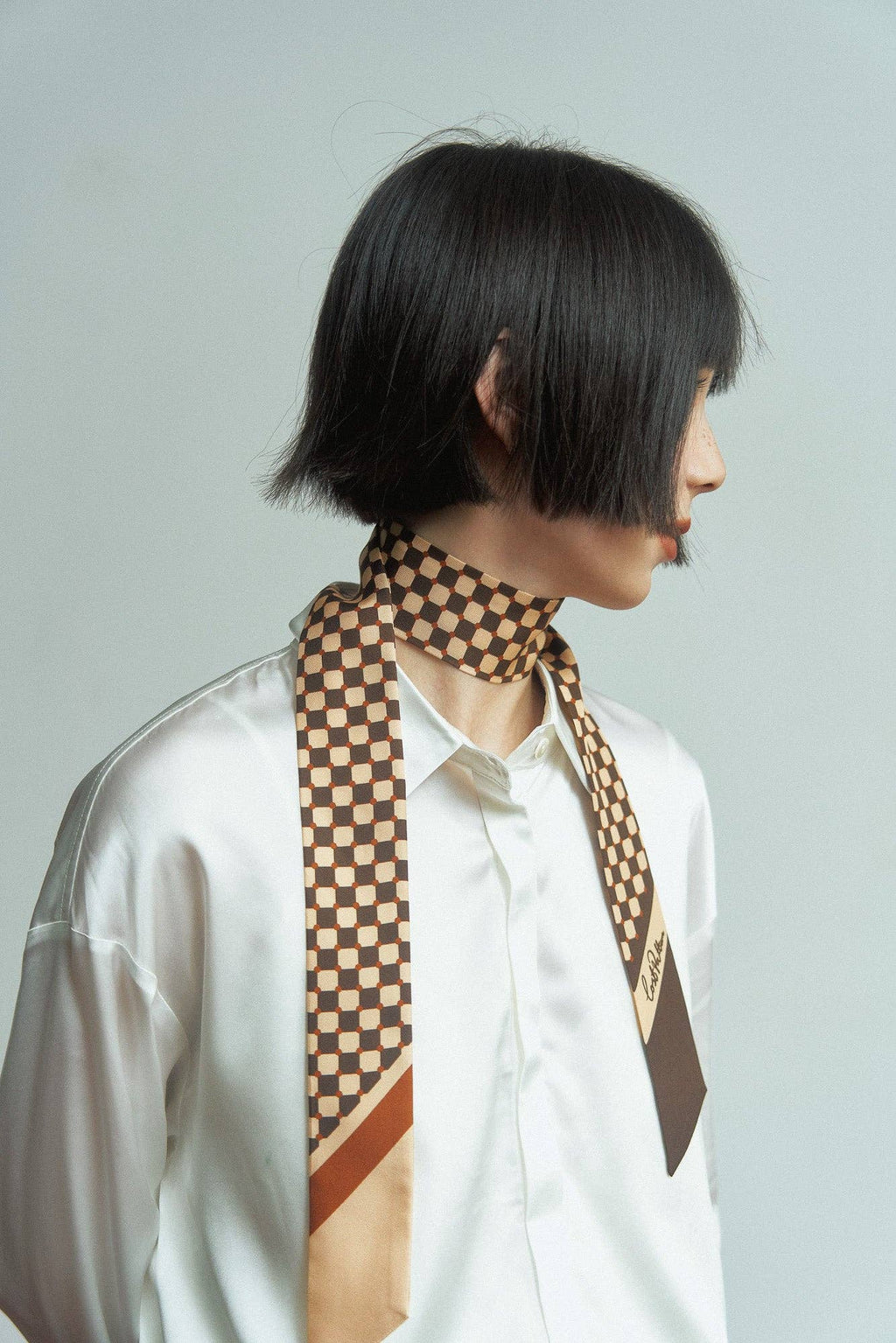 “Checkerboard” Silk Skinny Scarf - Coffee