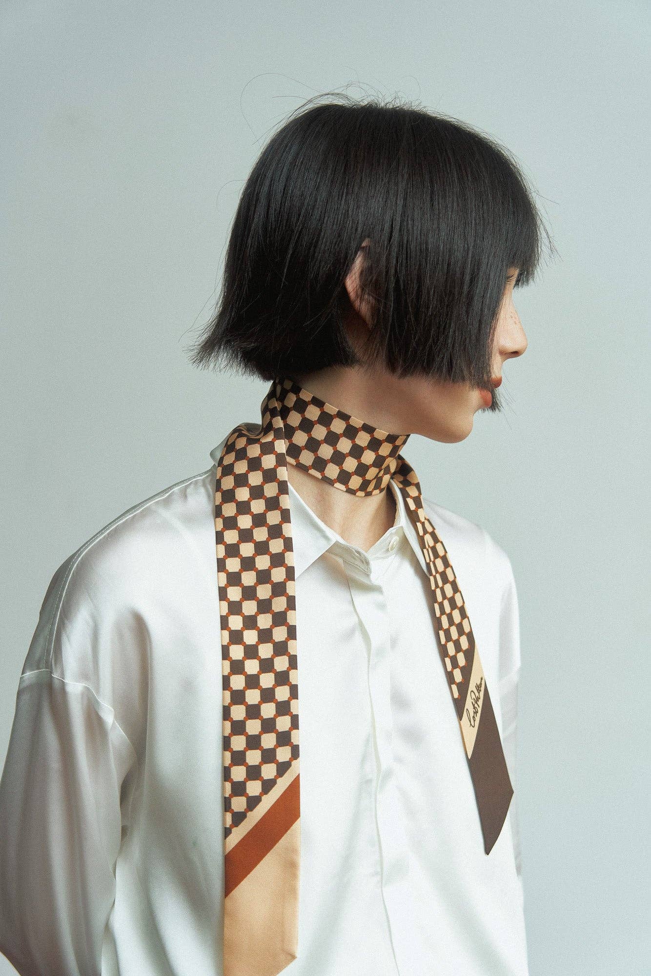 “Checkerboard” Silk Skinny Scarf - Coffee