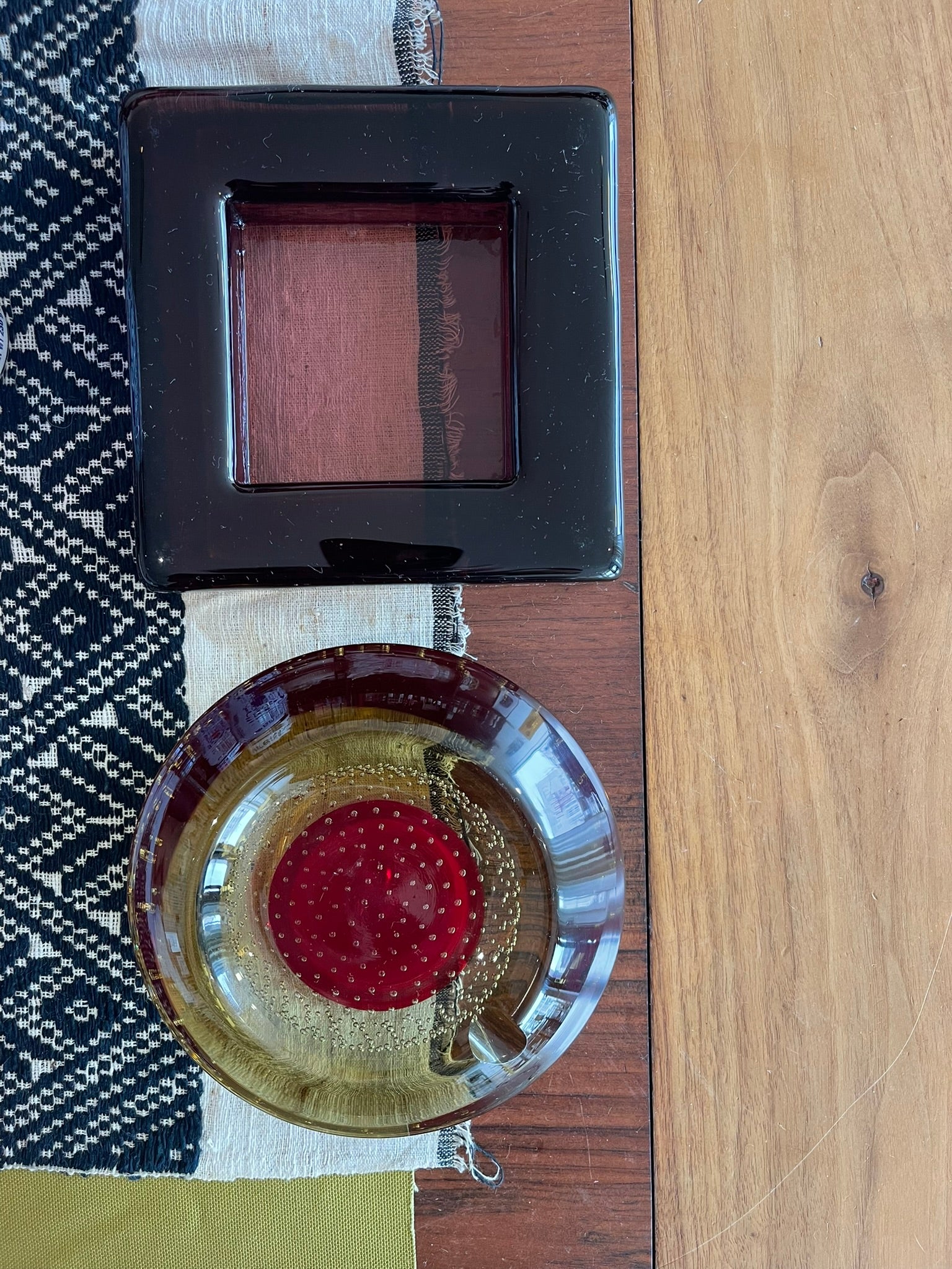 Vintage MCM Cranberry Square Glass Ashtray and Dish