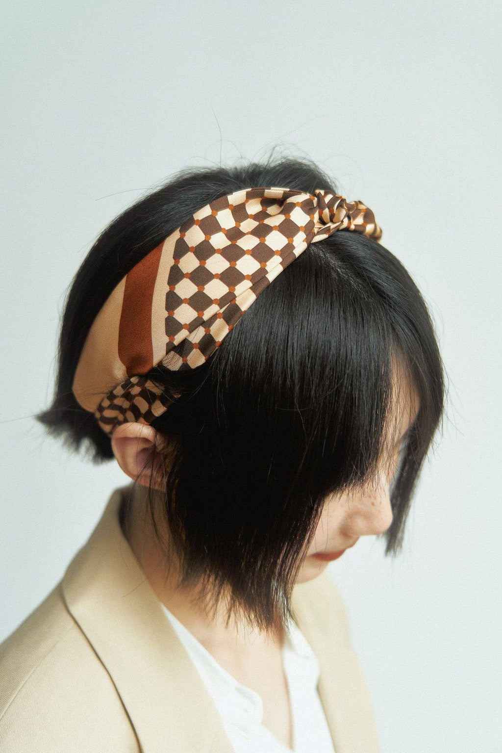 “Checkerboard” Silk Skinny Scarf - Coffee