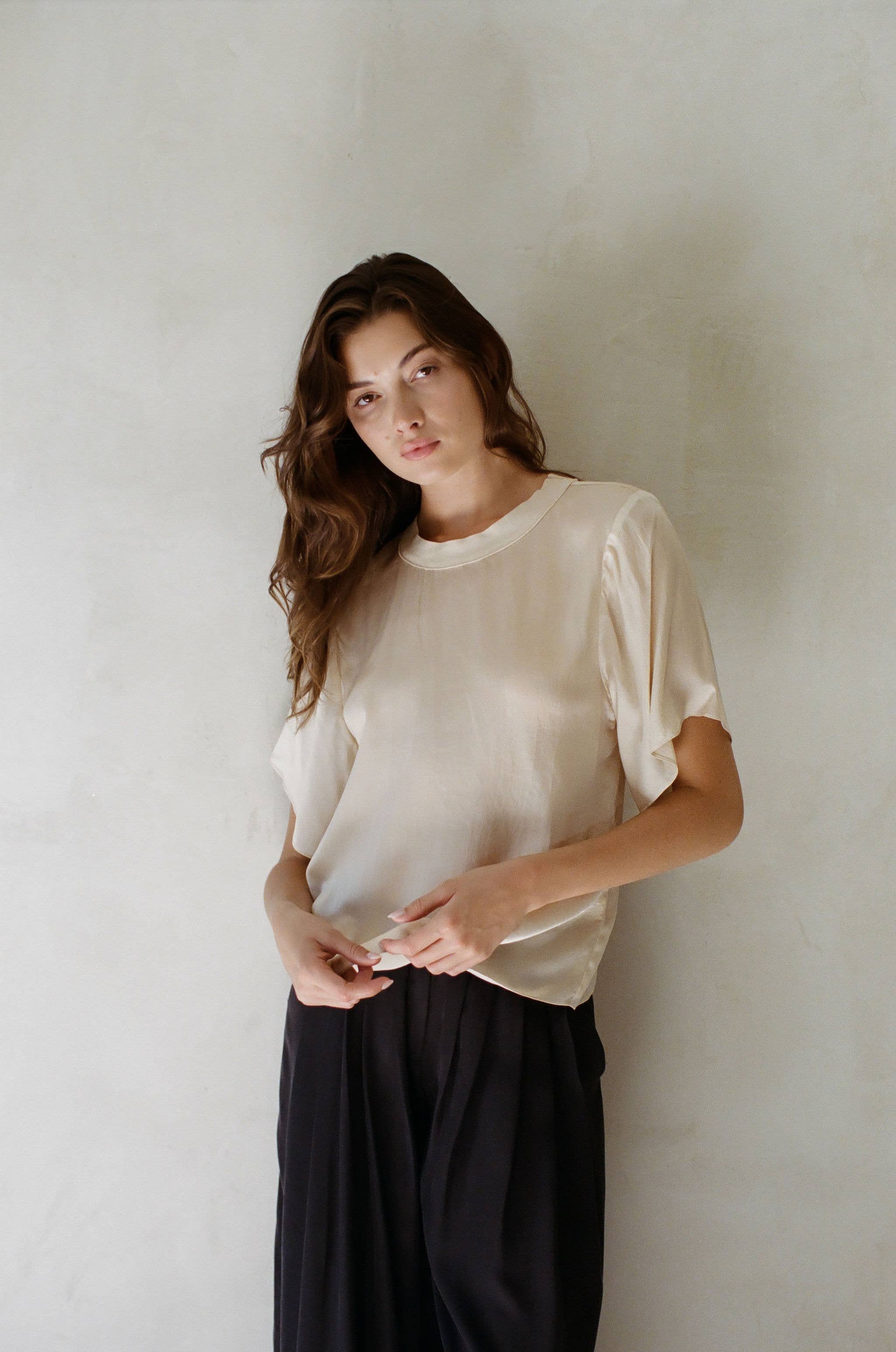 Woven 100% Silk Round Neck Short Sleeve Top