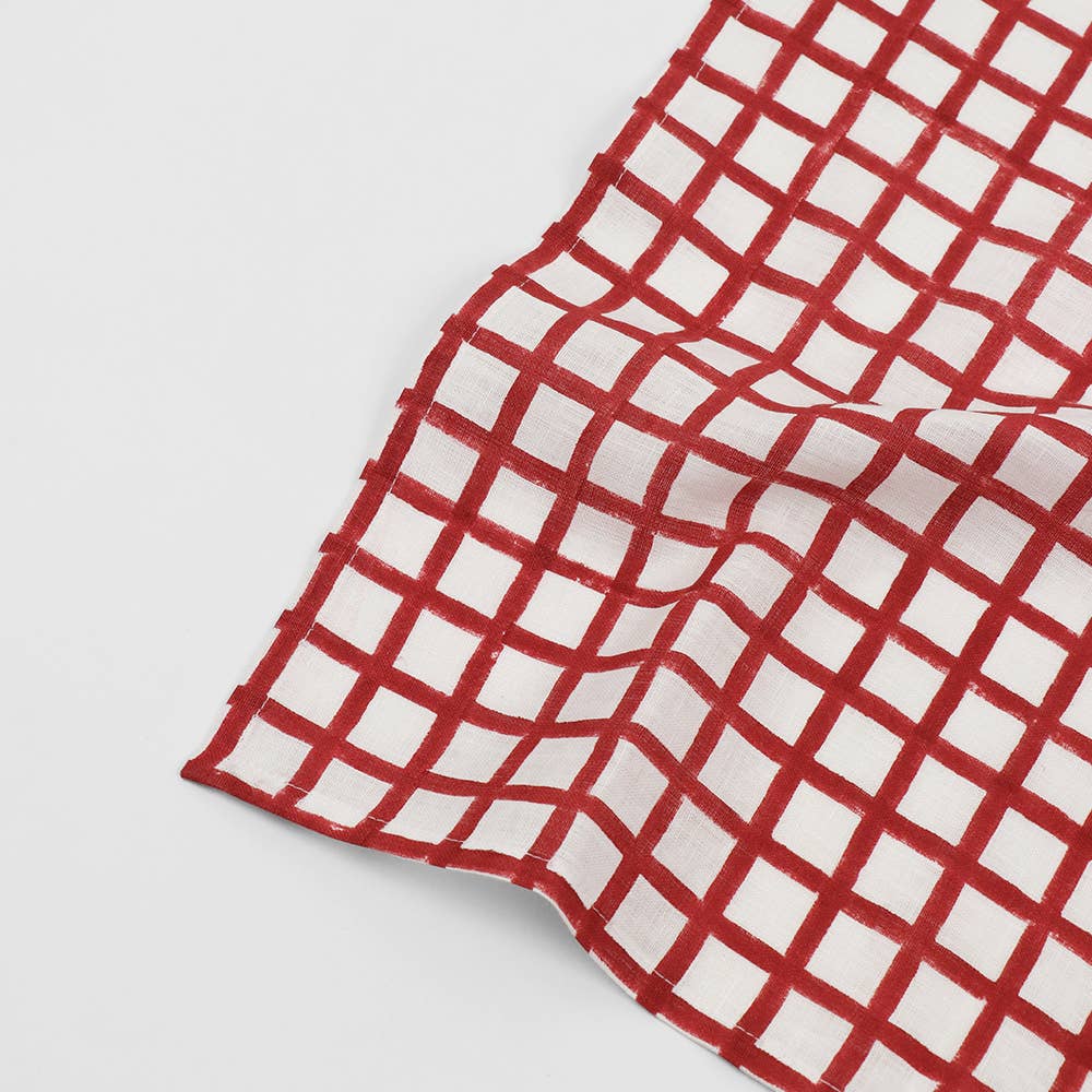 Hand Block Linen Napkin Set Graph Checks - Red