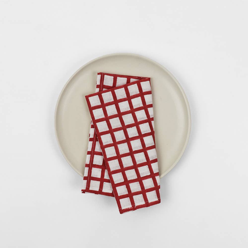 Hand Block Linen Napkin Set Graph Checks - Red