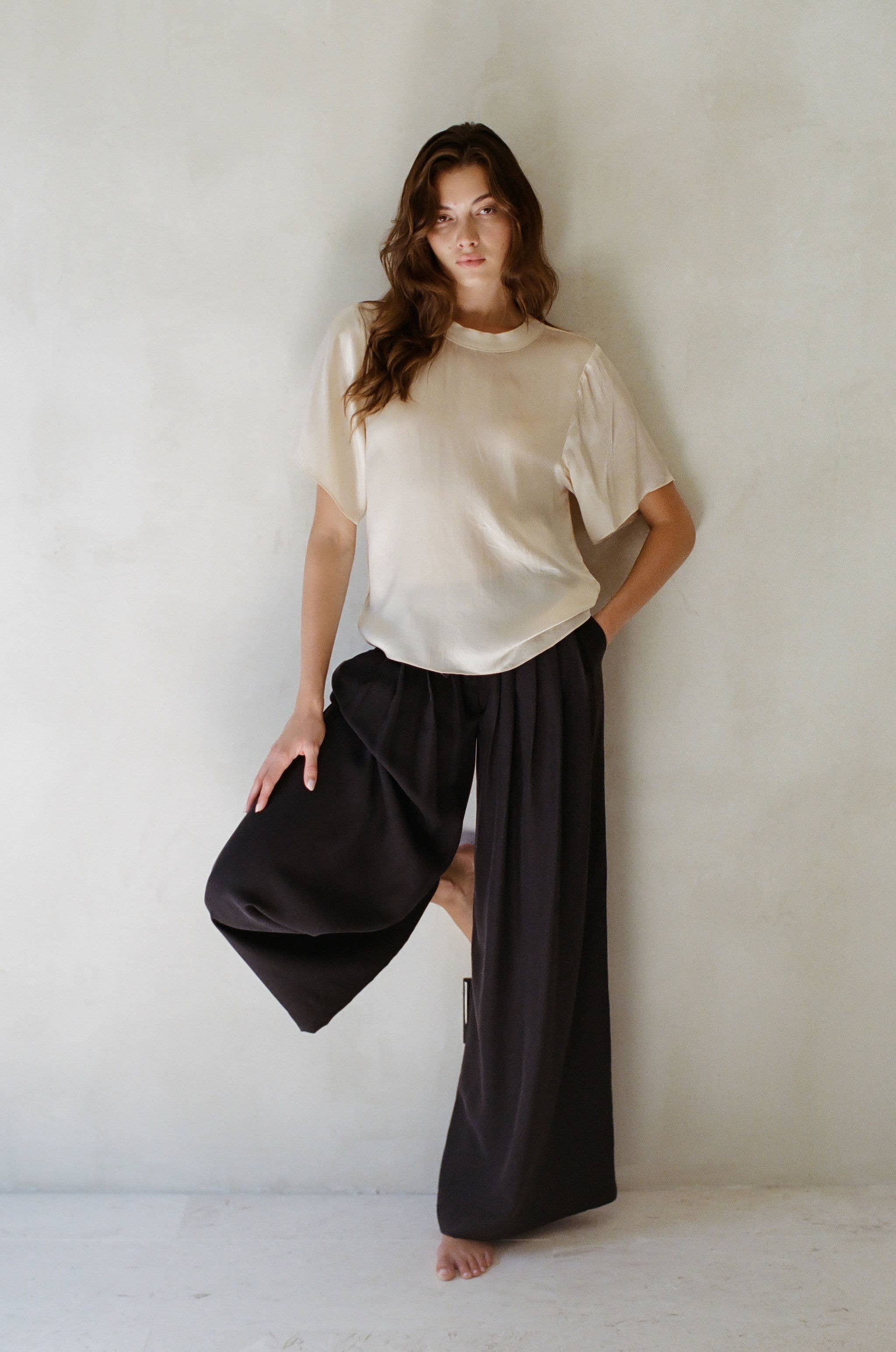Woven 100% Silk Round Neck Short Sleeve Top