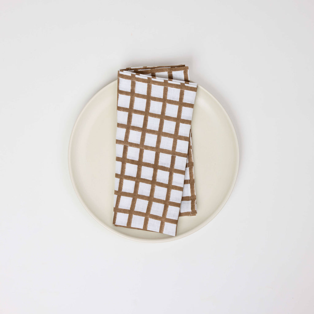 Hand Block Linen Napkin Set Graph Checks - Brown