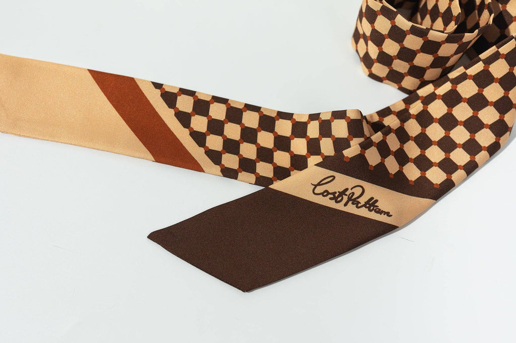 “Checkerboard” Silk Skinny Scarf - Coffee