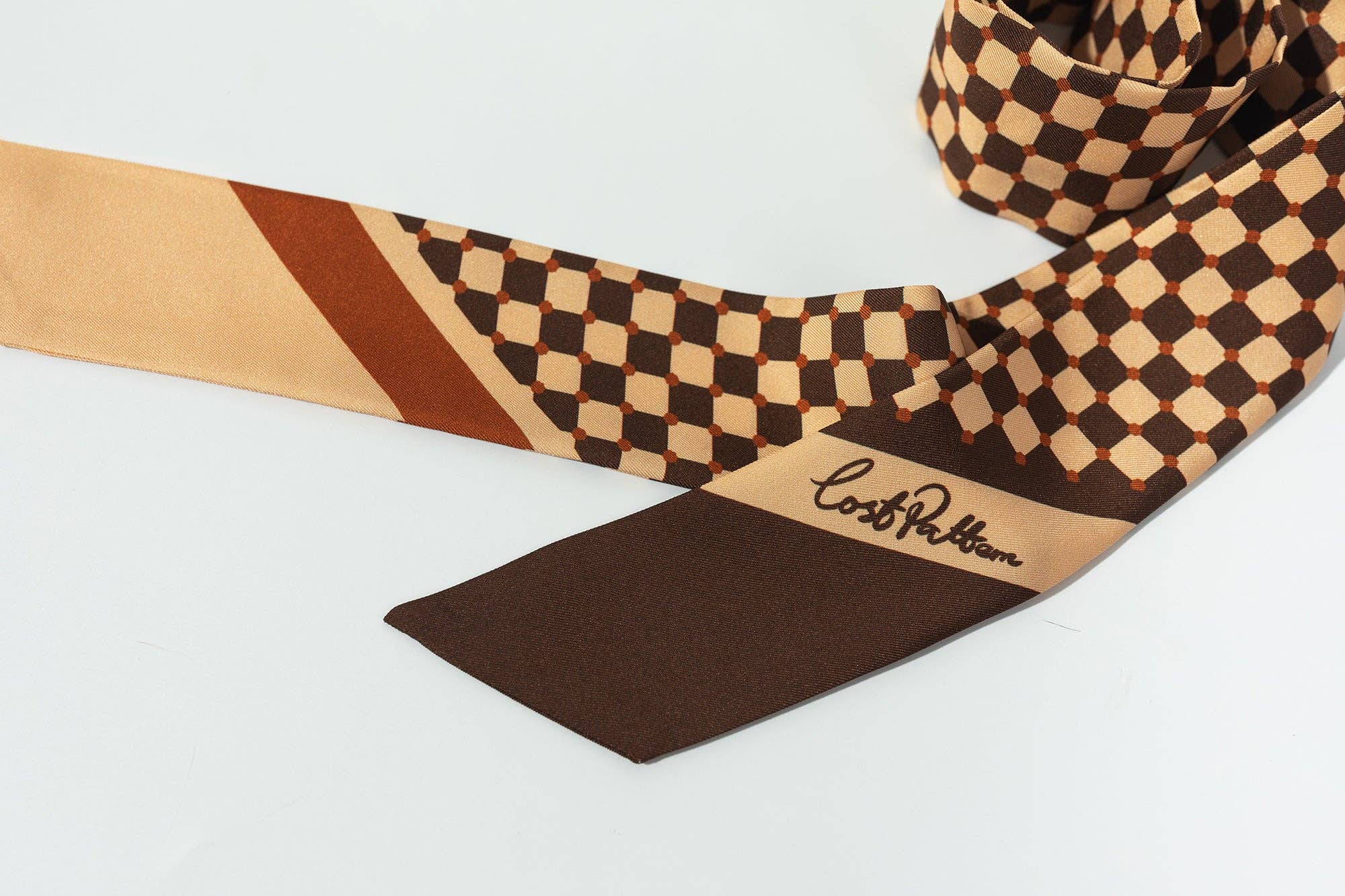 “Checkerboard” Silk Skinny Scarf - Coffee