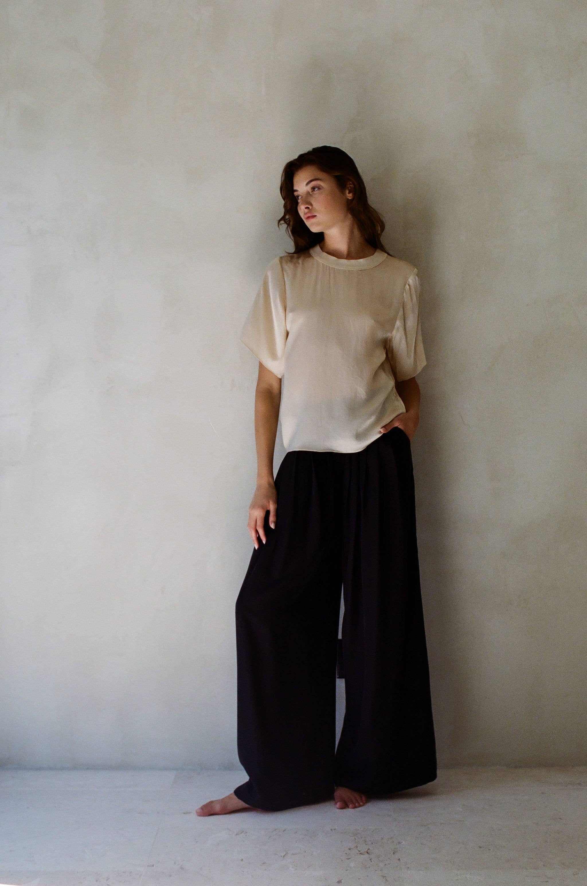 Woven 100% Silk Round Neck Short Sleeve Top