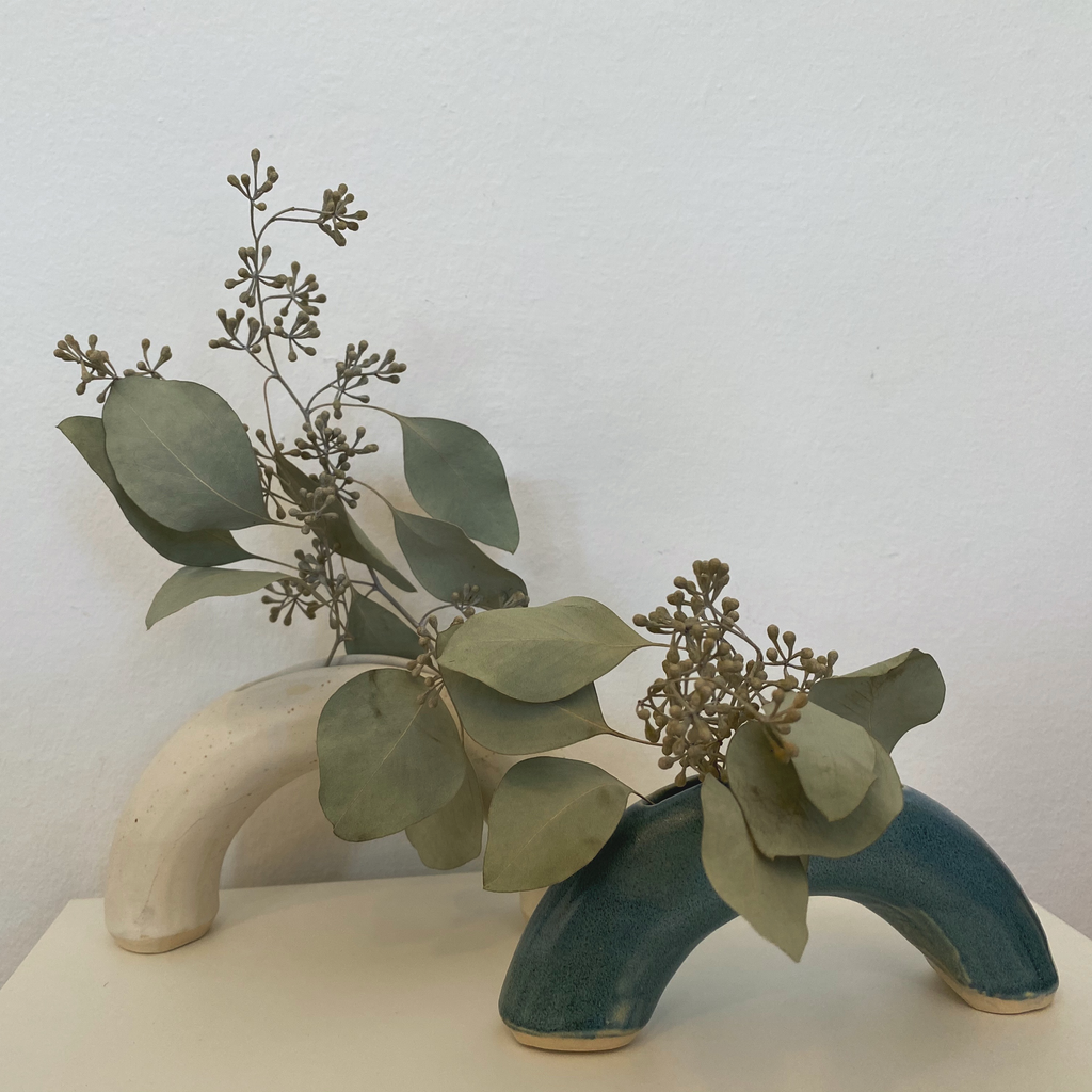 Ceramic Double Arch White and Teal Vase