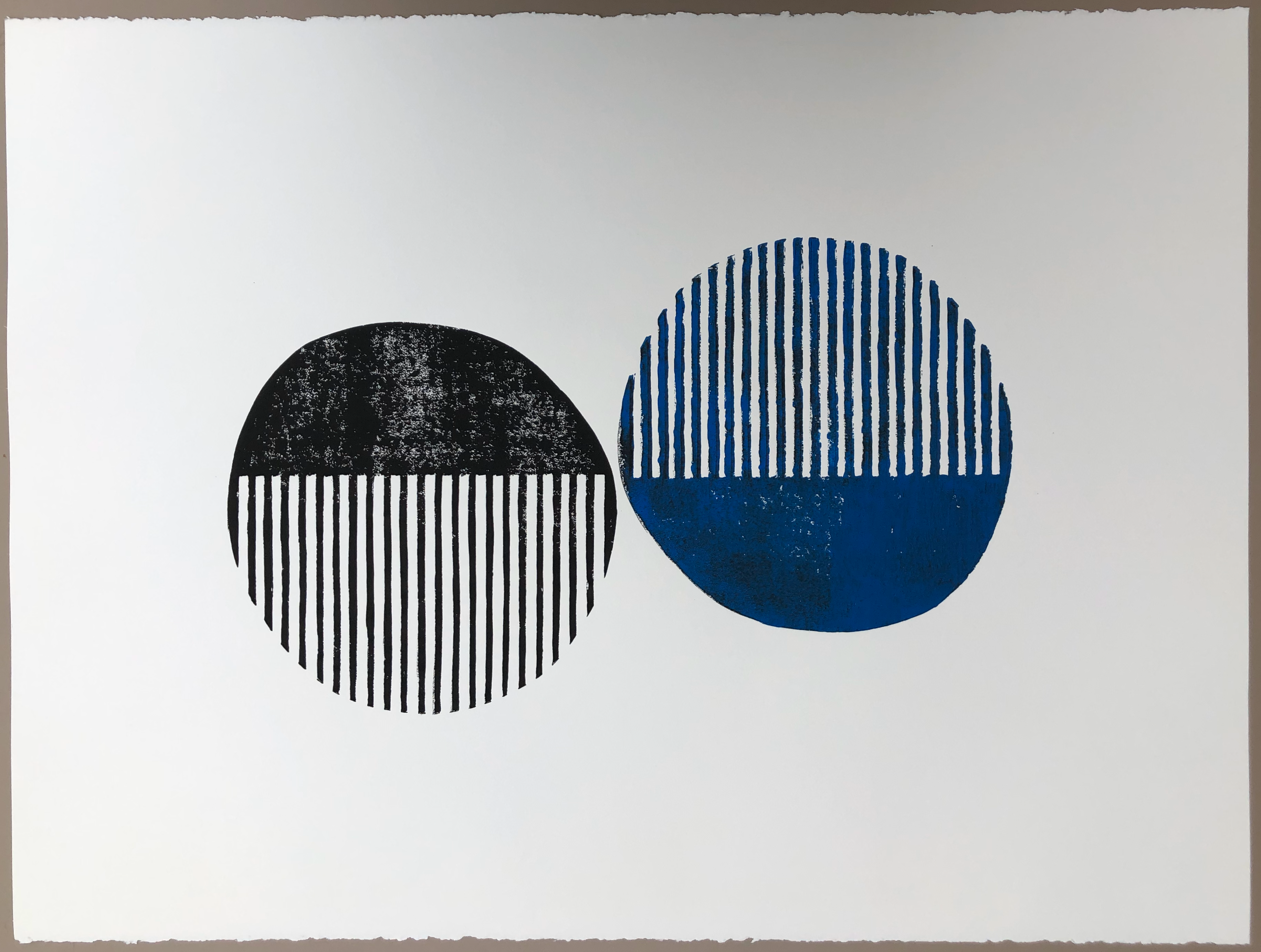Block Print Artwork - "Two Half Open Circles - Royal Blue and Black"