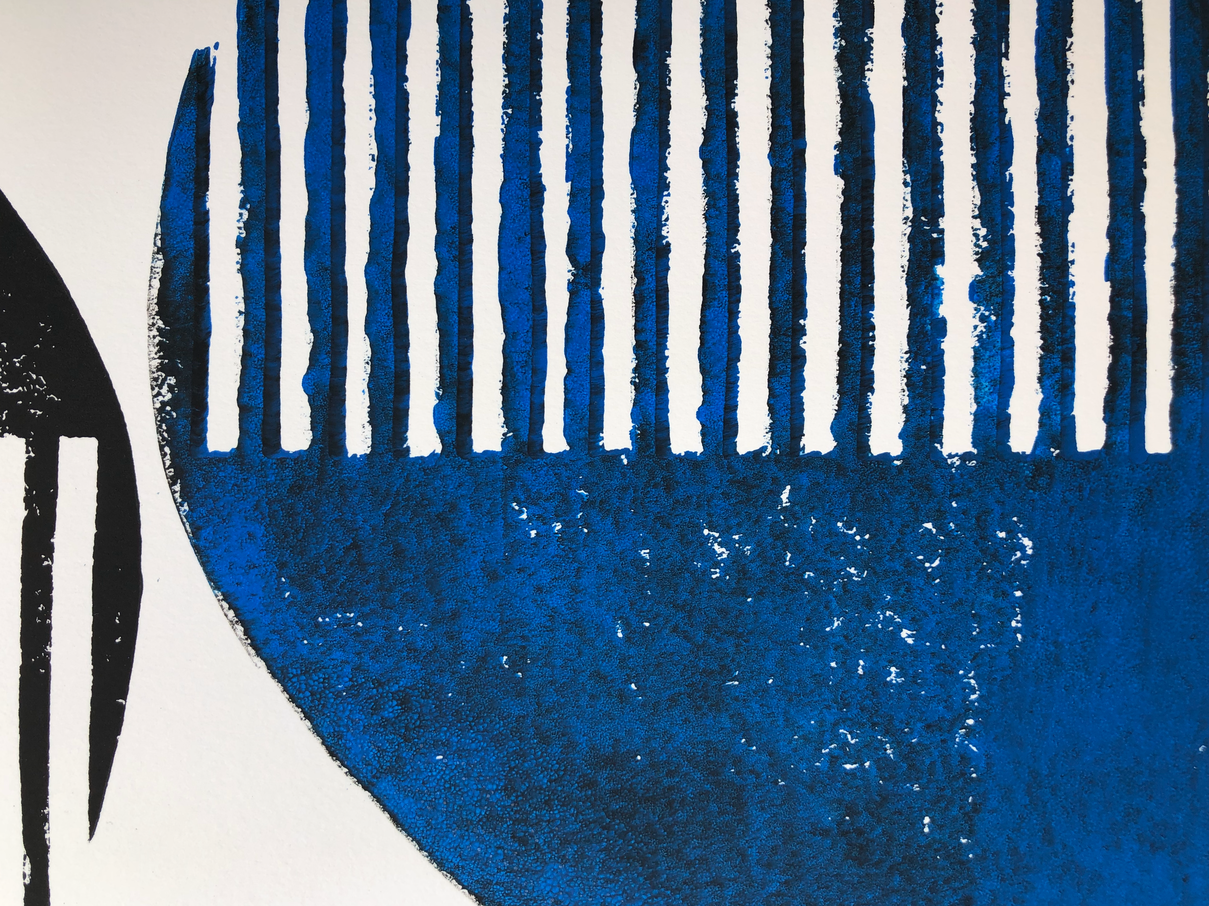 Block Print Artwork - "Two Half Open Circles - Royal Blue and Black"