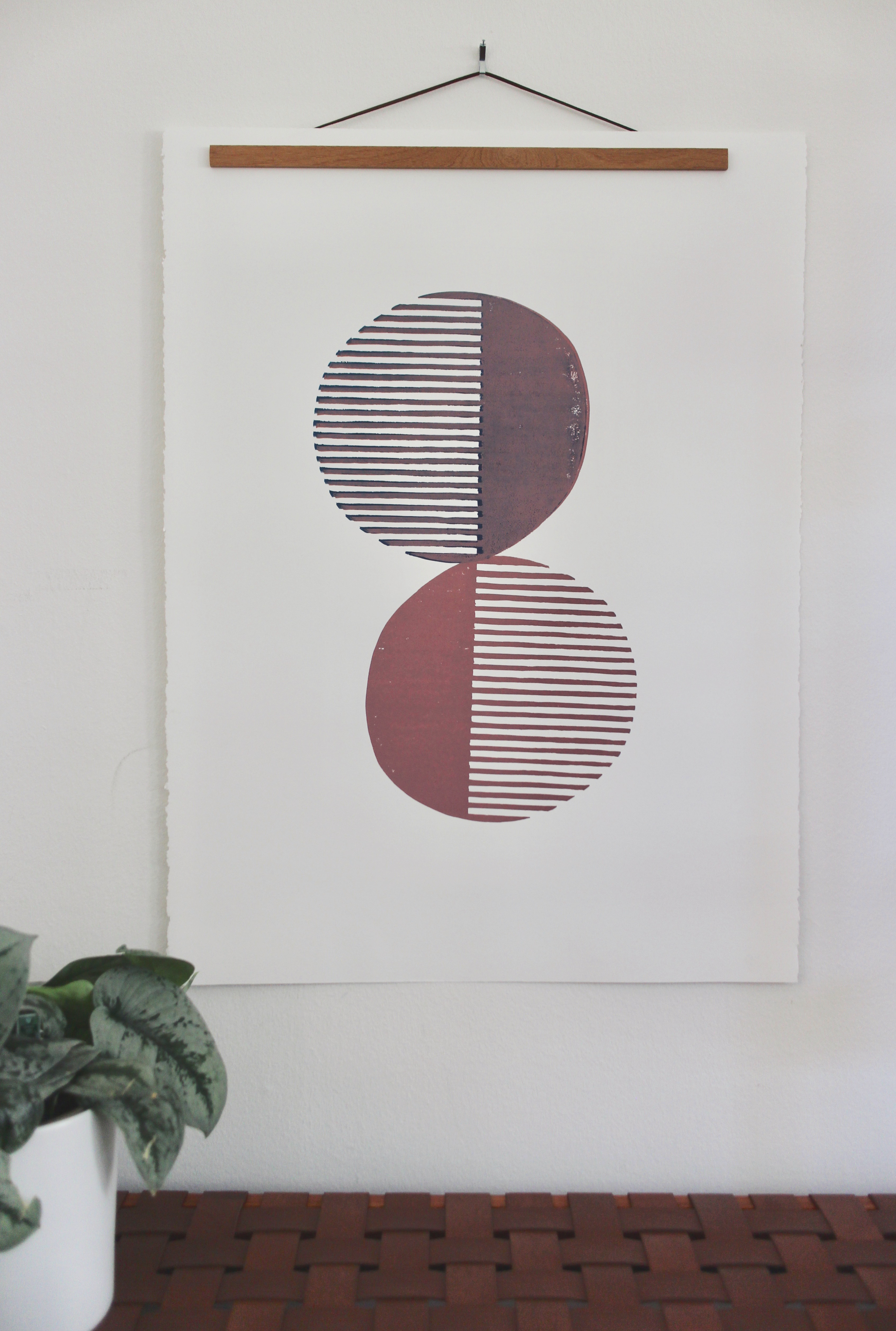Block Print Artwork  - "Two Half Open Circles - Soft Pink and Marine Blue"