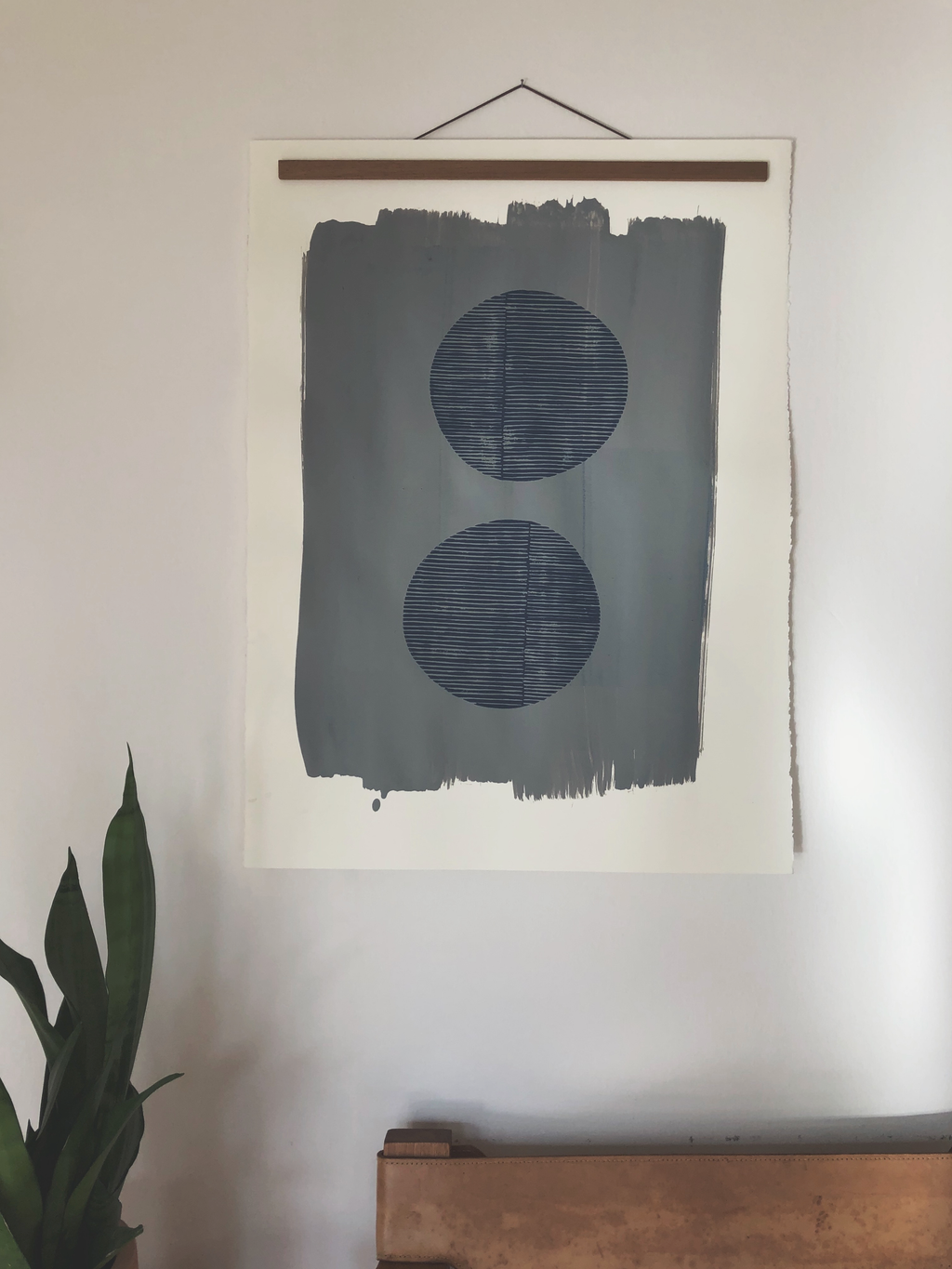 Block Print Artwork over Paint - "Two Navy Open Circles Over Silver"