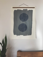 Block Print Artwork over Paint - "Two Navy Open Circles Over Silver"