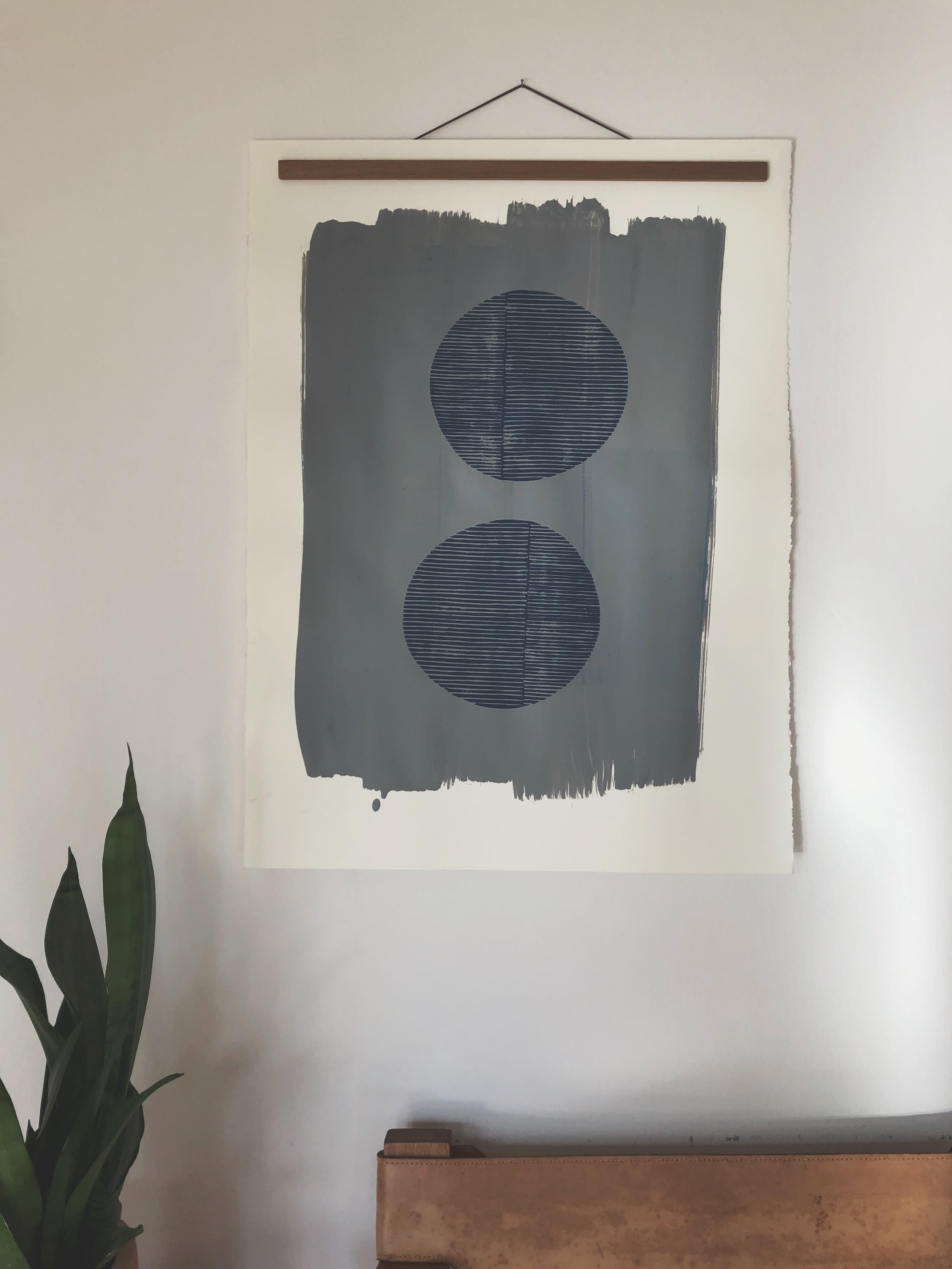 Block Print Artwork over Paint - "Two Navy Open Circles Over Silver"