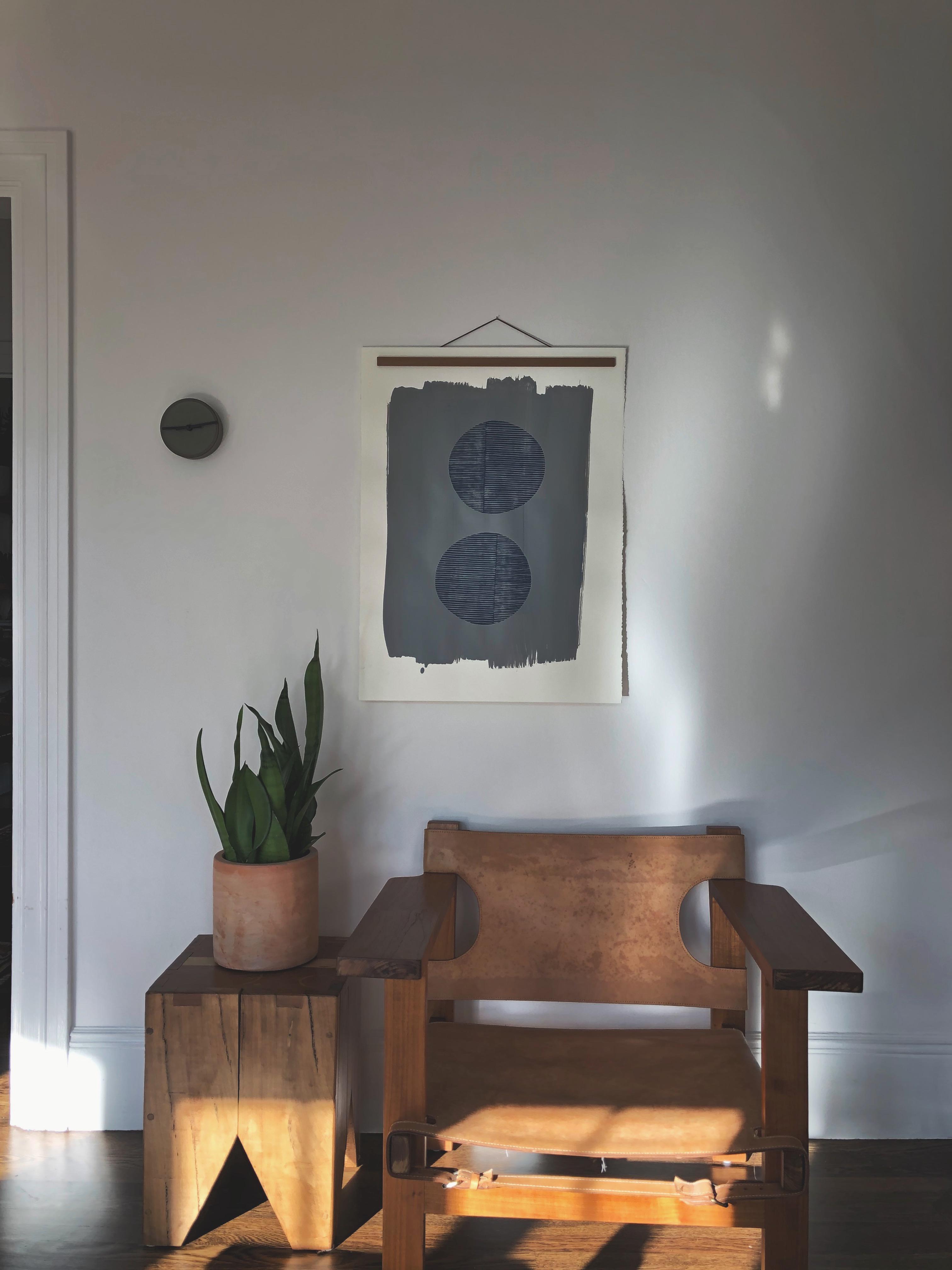 Block Print Artwork over Paint - "Two Navy Open Circles Over Silver"