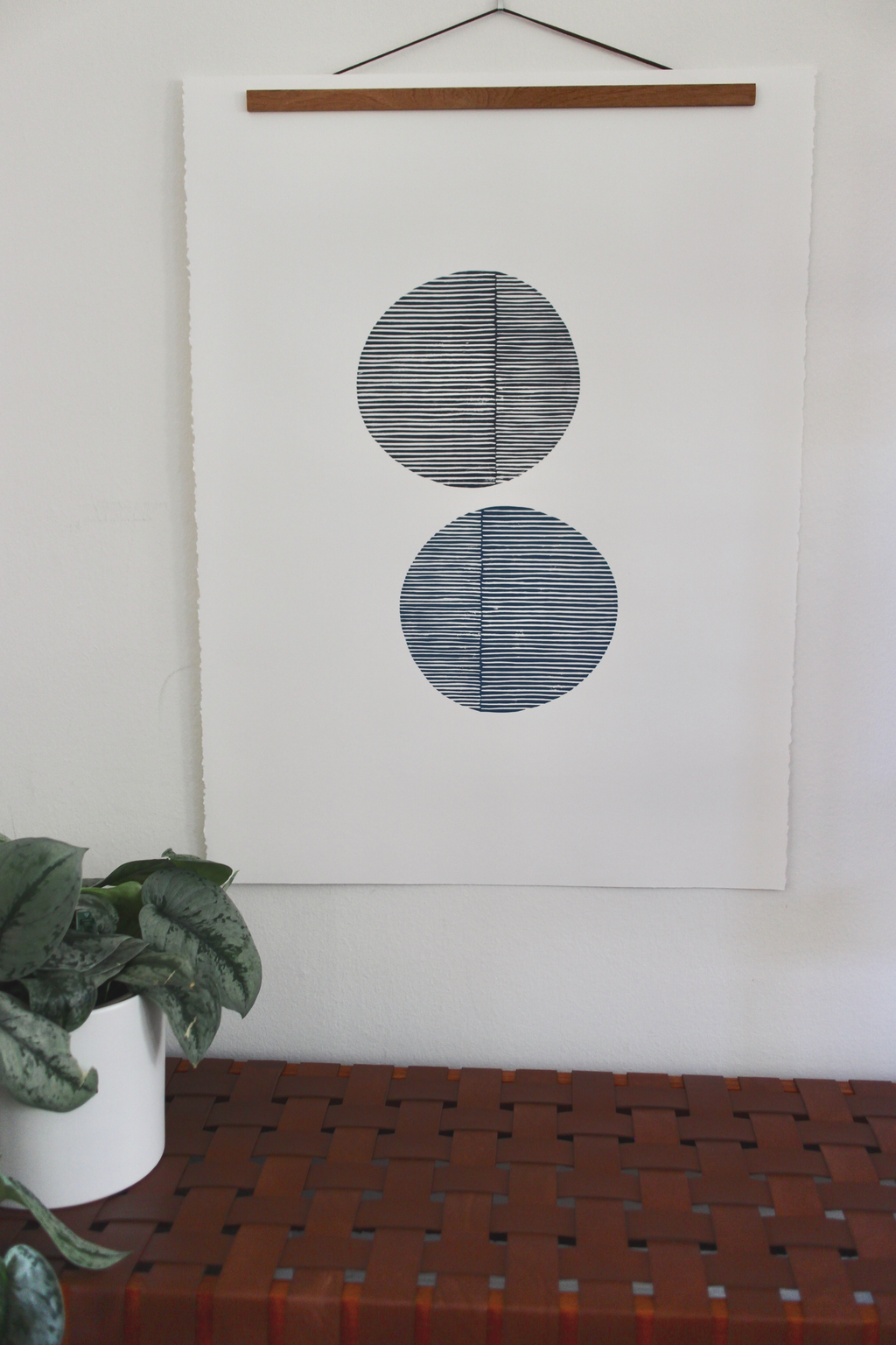 Block Print Artwork  - "Two Open Circles Marine and Navy Blue"
