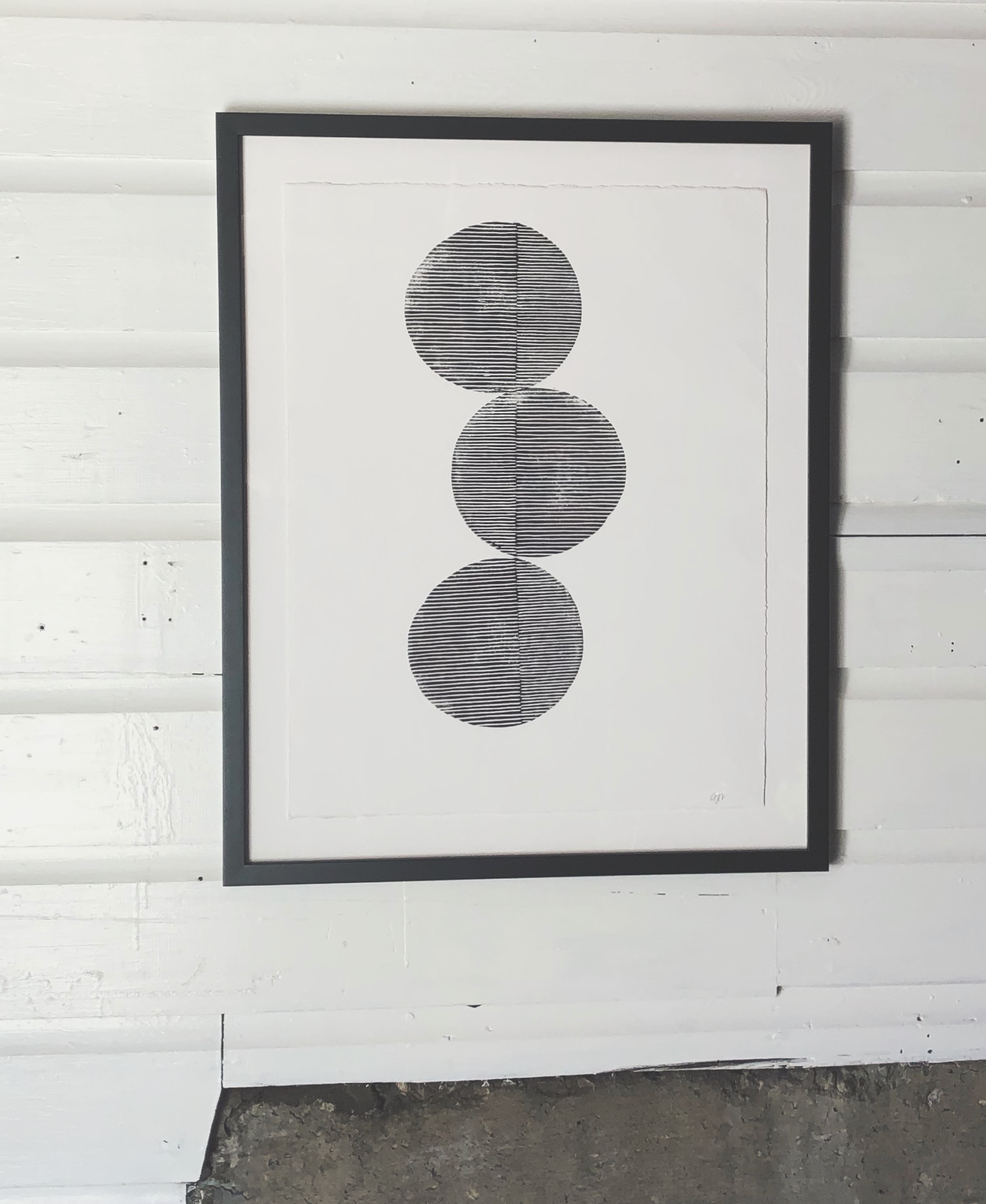 Block Print Artwork Framed - "Vertical Three Open Circles"