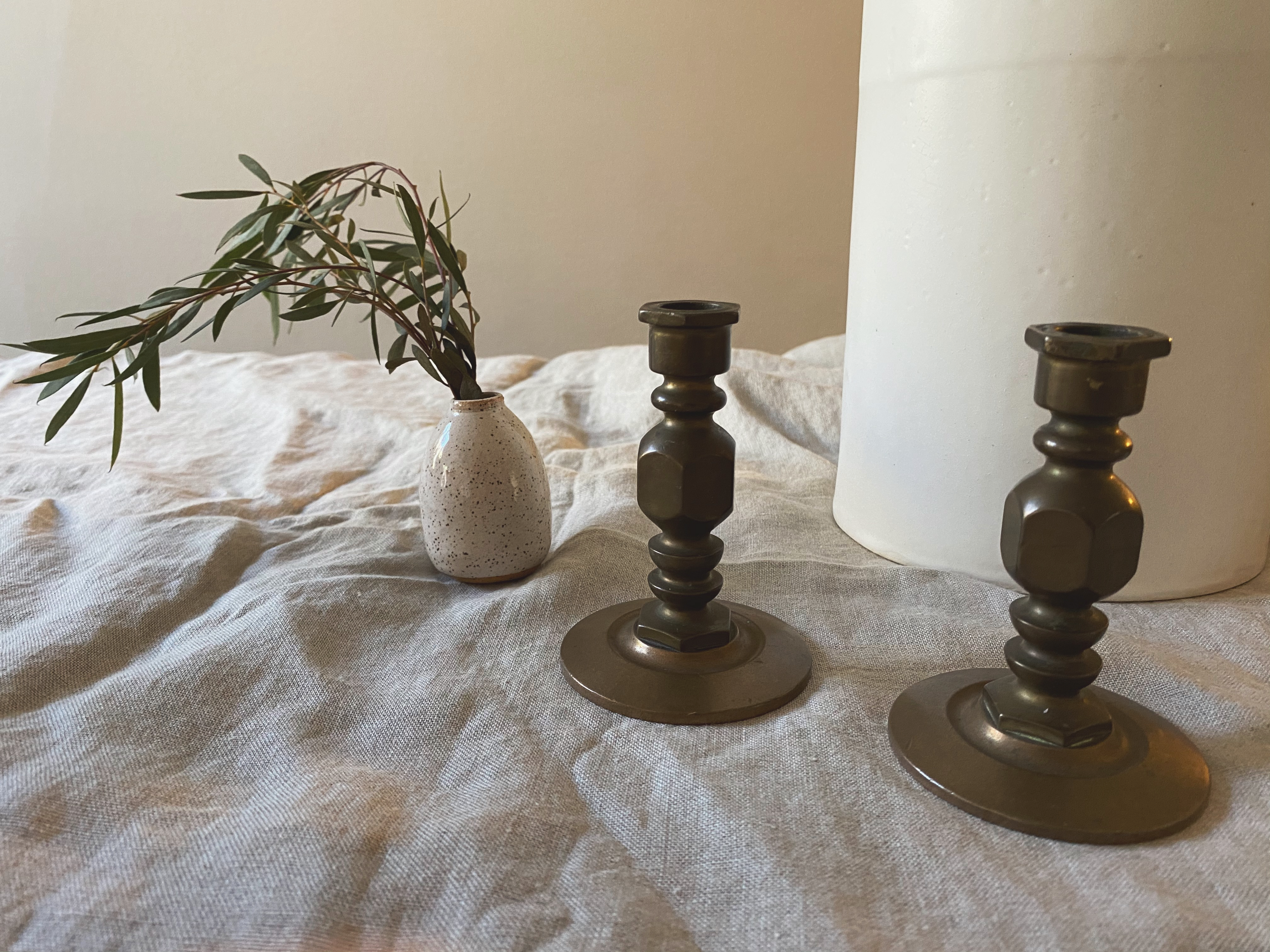 Pair of Brass Candlestick Holders - Heavy Geometric